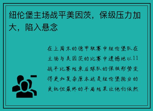 纽伦堡主场战平美因茨，保级压力加大，陷入悬念