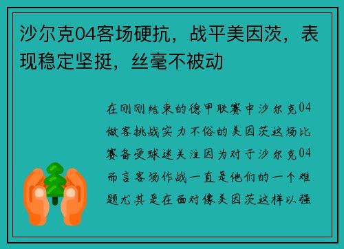 沙尔克04客场硬抗，战平美因茨，表现稳定坚挺，丝毫不被动